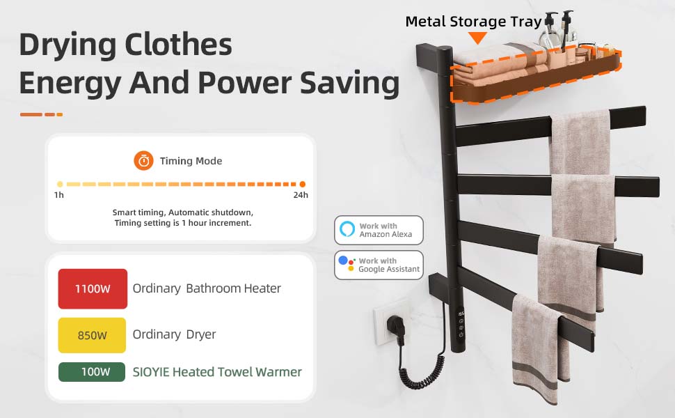 SIOYIE Smart Rotating Heated Towel Rack For Bathroom, Wall-Mounted Electric Towel Dryer With Swivel Bars & Shelf, Smart Timer, Low Carbon Steel, Plug-in/Hardwired, Towel Warmer With Wi-Fi App Control_voghion.com